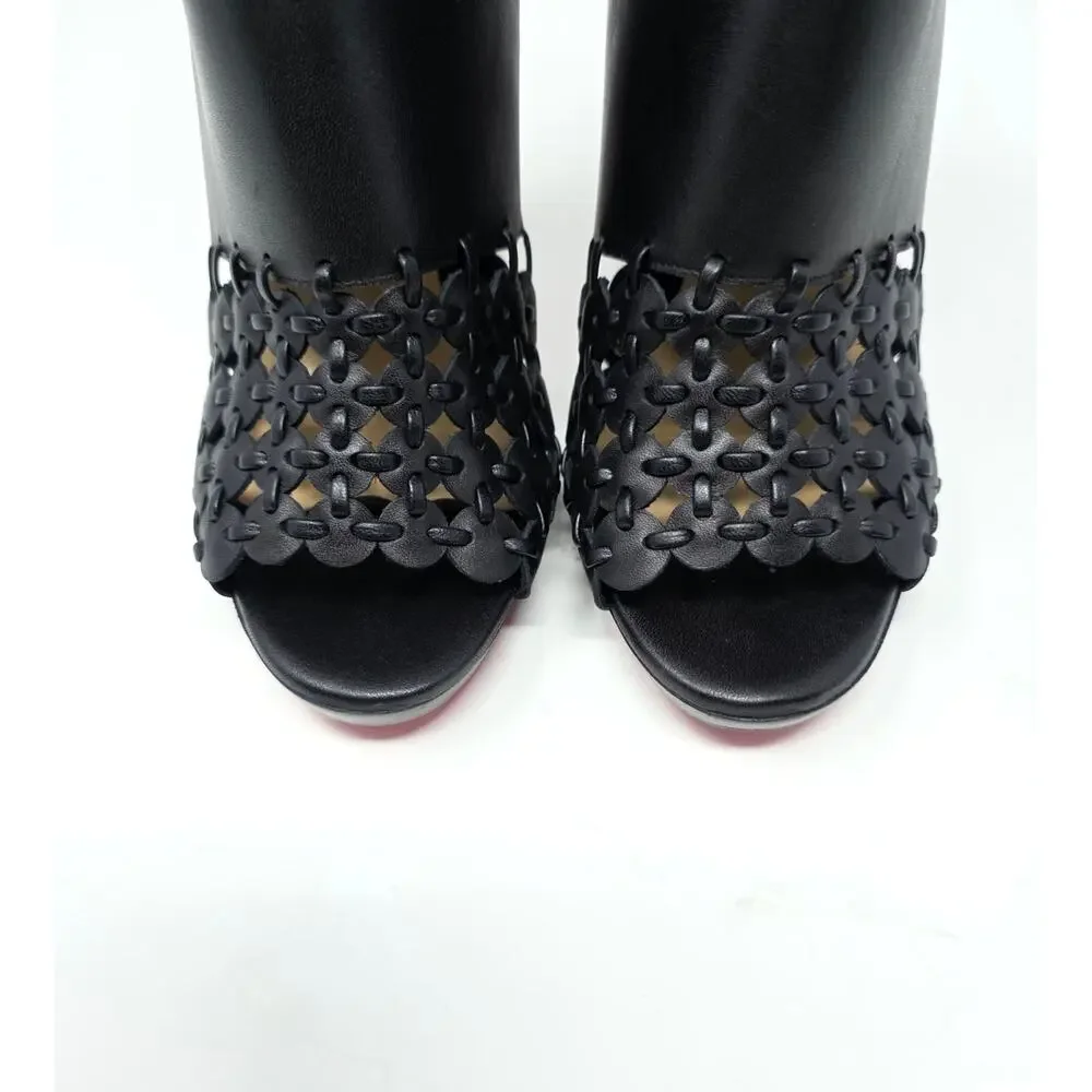 Christian Louboutin Amazona Black Leather Boots Peep Toe Bootie Heel 36.5 US 6.5